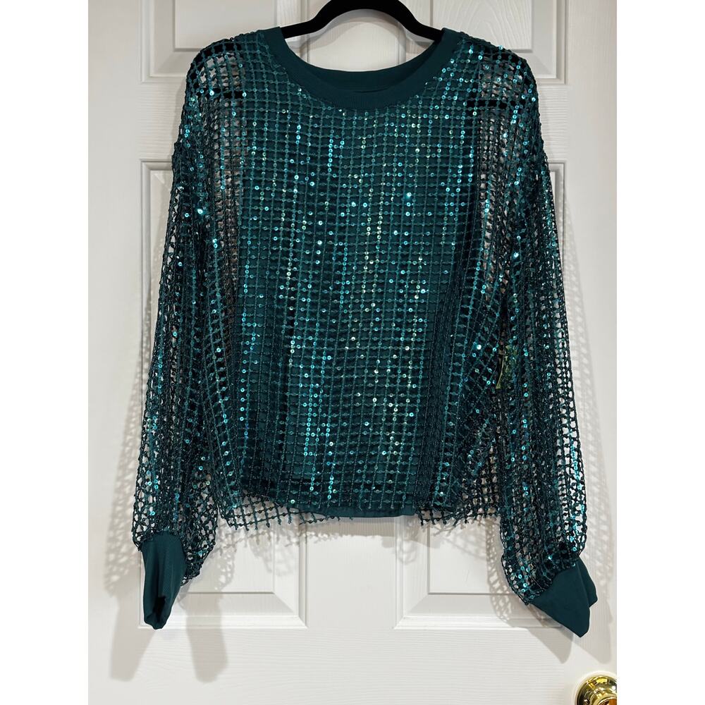 Pilcro Anthropologie Sequin Top Balloon Sleeve Sz M Blue Green Top - Picture 2 of 11